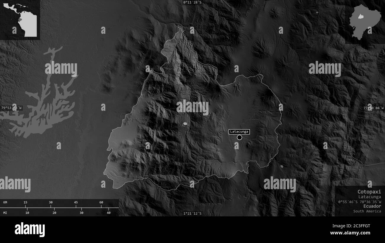 Cotopaxi, Provinz Ecuador. Graustufen-Karte mit Seen und Flüssen. Form präsentiert gegen seine Landesfläche mit informativen Überlagerungen. 3D-Rendering Stockfoto