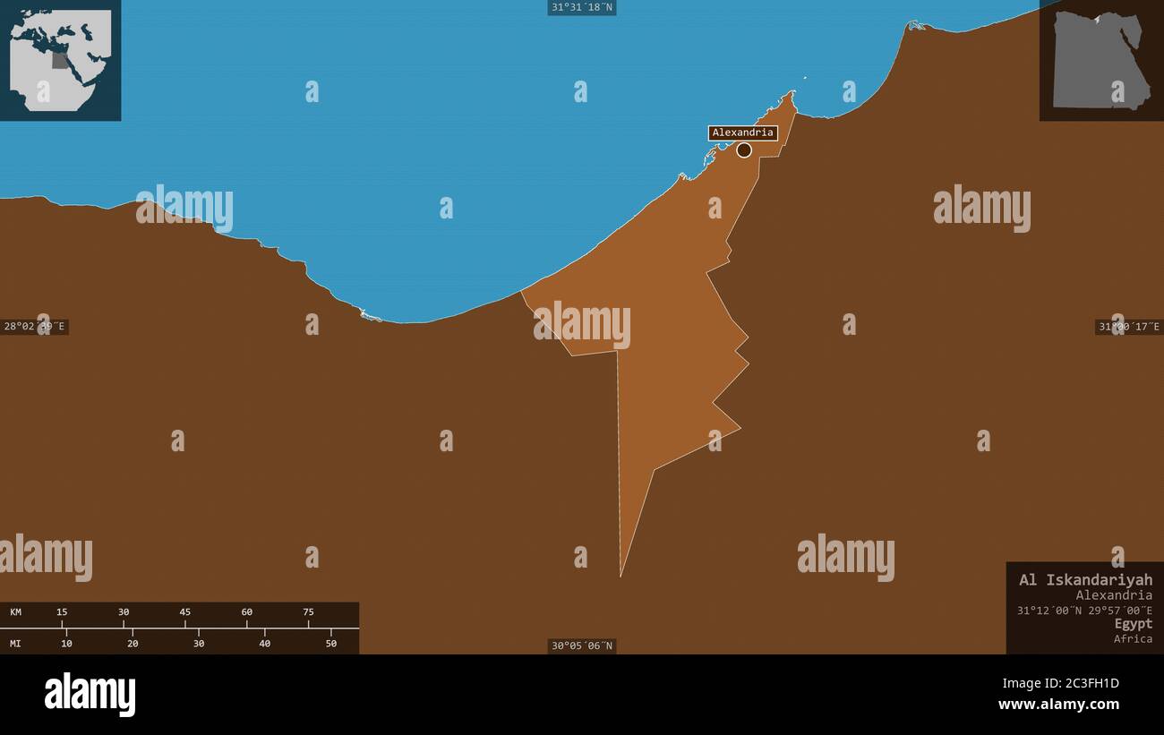 Al Iskandariyah, Gouvernement von Ägypten. Gemusterte Feststoffe mit Seen und Flüssen. Form präsentiert gegen seine Landesfläche mit informativen Überlagerungen. 3D Stockfoto