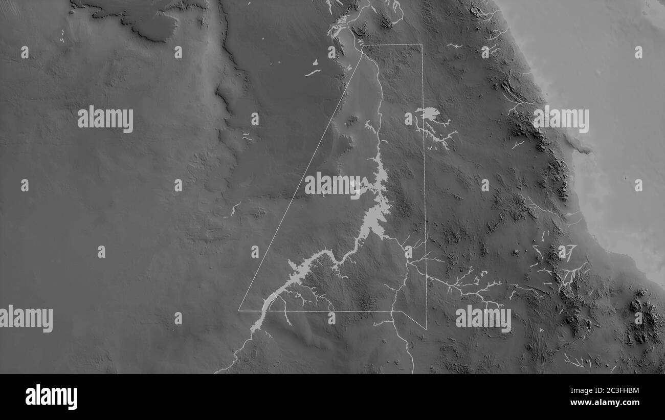 Assuan, Gouvernement von Ägypten. Graustufen-Karte mit Seen und Flüssen. Form, die gegenüber dem Landesgebiet umrissen ist. 3D-Rendering Stockfoto