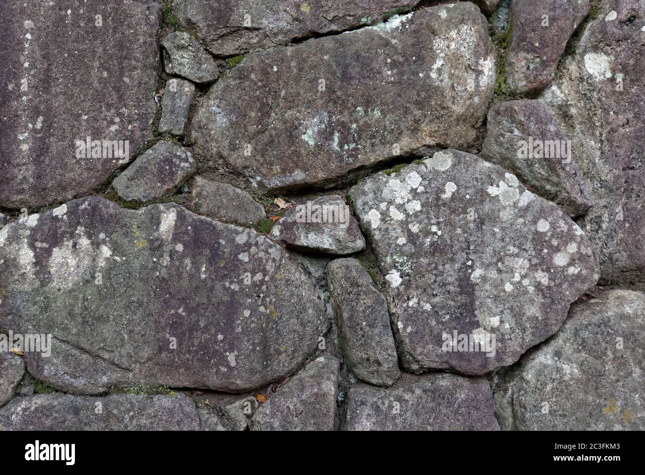Alte unebene Steinmauer mit Flechten und Moos gesichtet Stockfoto