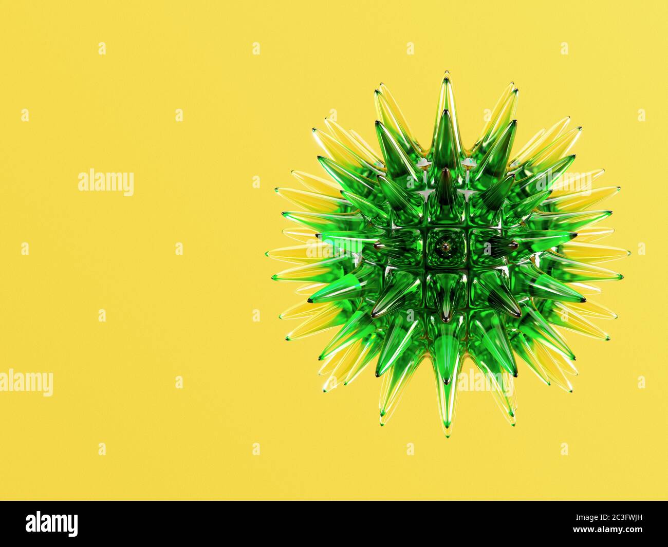 Eine grüne Glaskugel mit Stacheln, ähnlich dem Coronavirus auf gelbem Hintergrund. 3D-Rendering Stockfoto