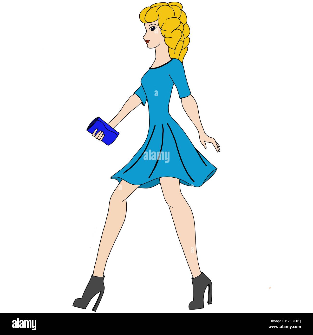 Illustration einer jungen Frau in einem kurzen Kleid mit Clutch Stockfoto