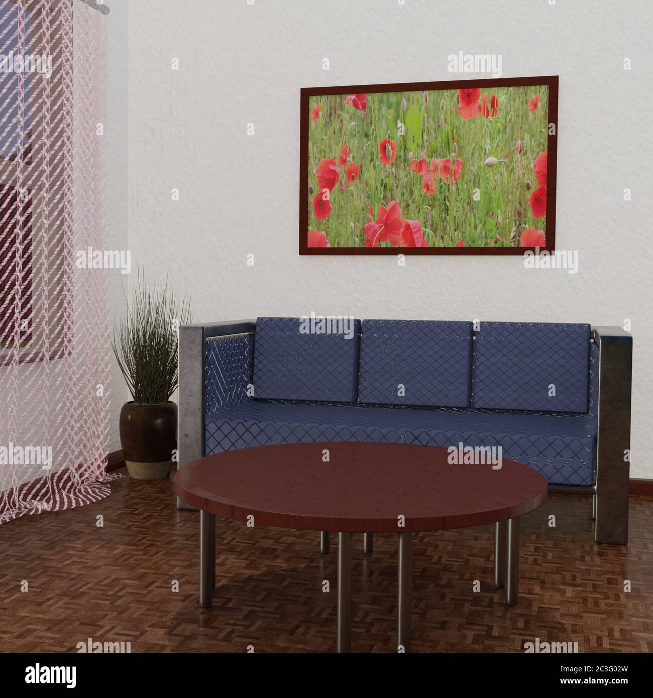 Illustration einer Wohnzimmerecke mit Sofa, Tisch, Pflanze und Wandbild Stockfoto