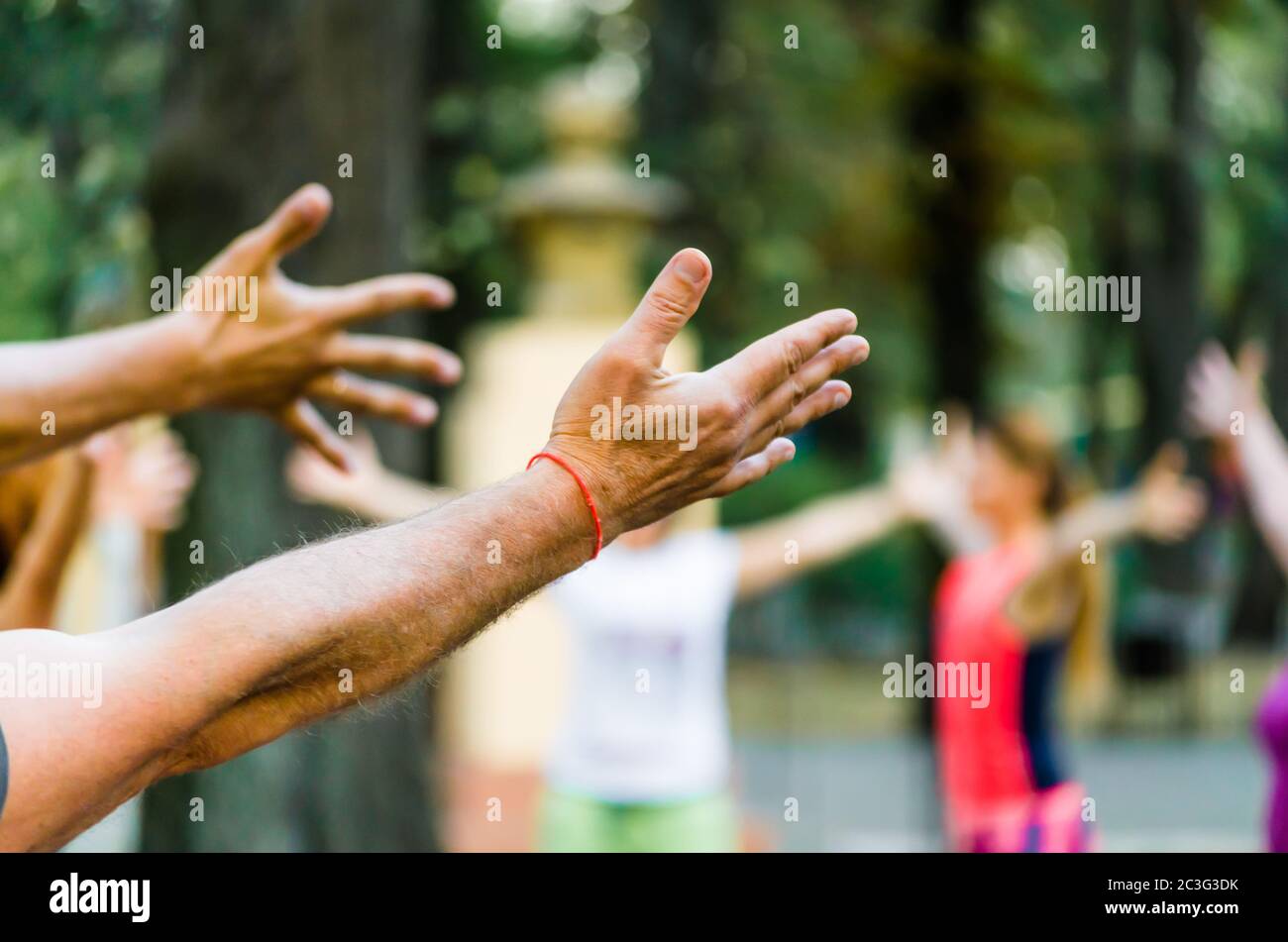 Hände von Menschen stehen auf Yoga im Park Stockfoto
