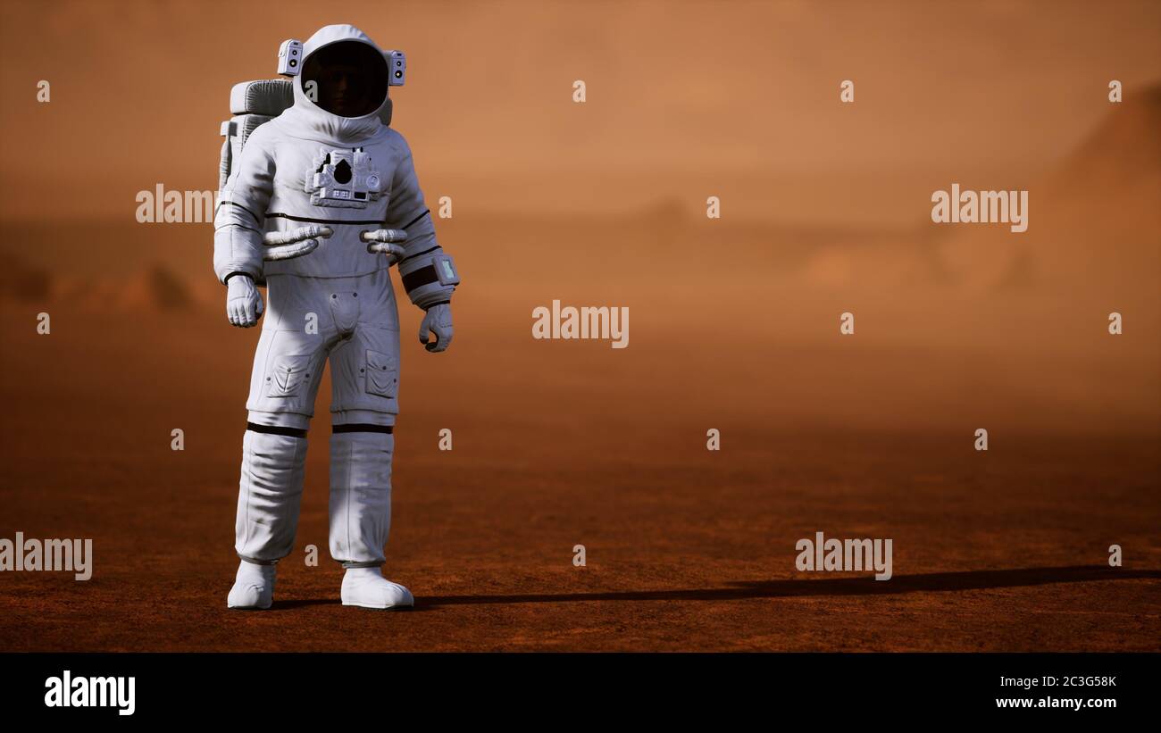 Astronaut auf der Marsoberfläche. Roter Planet bedeckt mit Gas und Felsen Stockfoto