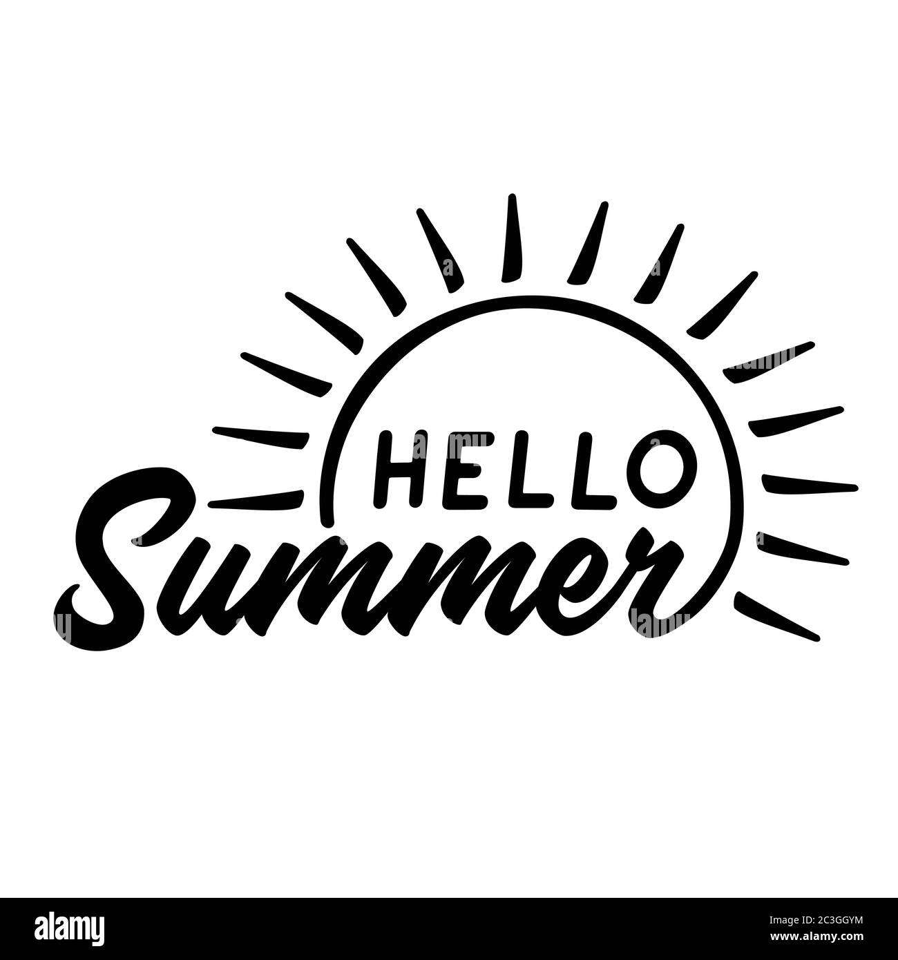 Hallo Sommer. Schwarzweiß Schriftzug. Dekorative Inschrift. Hallo