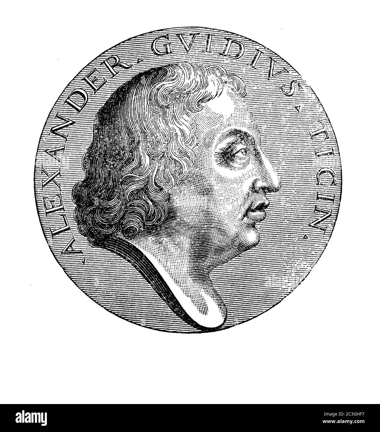 Gravurporträt von Carlo Alessandro Guidi ( 1650 - 1712) Italienischer Lyriker geboren in Pavia Gründer der römischen Akademie Arcadia, sehr wichtig bei der Reform der italienischen Poesie Stockfoto