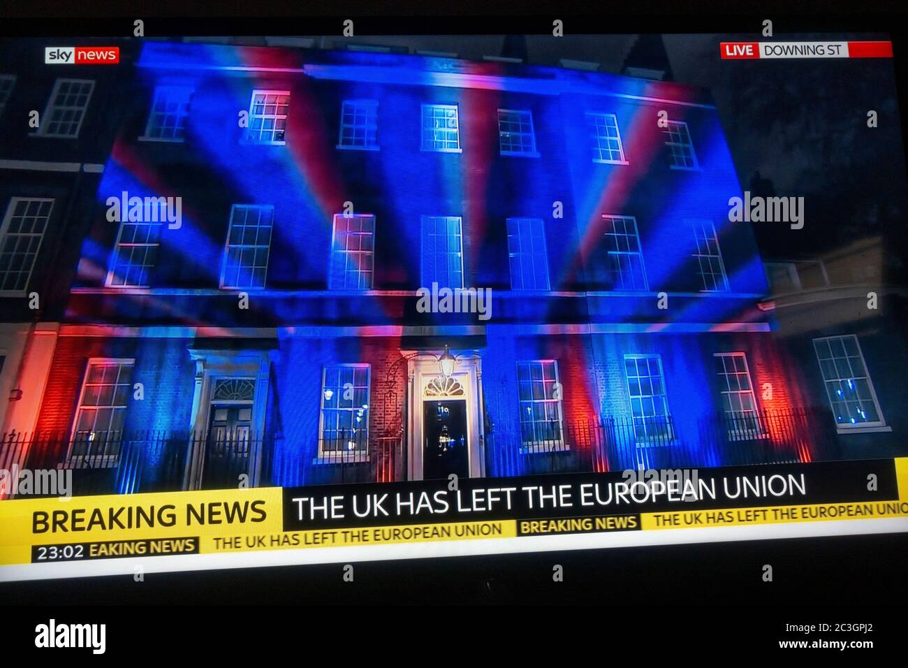 Foto der Sky News Fernsehnachrichten in Großbritannien in der Nacht verließ Großbritannien die Europäische Union ("Brexit"), kurz nach 23 Uhr Freitag, 31. Januar 2020. Stockfoto