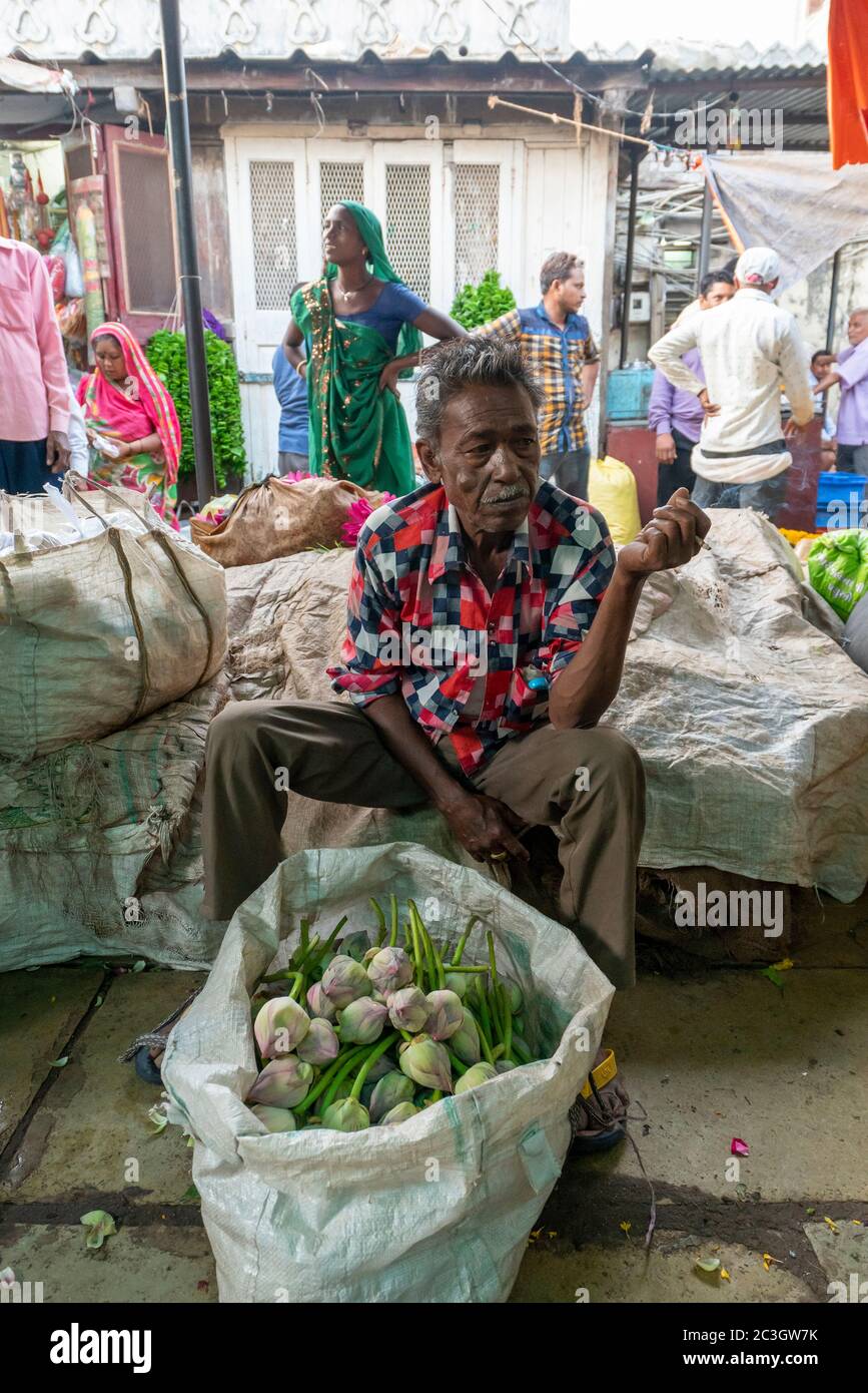 Mann, der Blumen an Einzelhändler liefert. Khanderao Market ist ein weitläufiges Marktkomplex mit Obst, Gemüse, Blumen und anderen Gegenständen. Khanderao Mar Stockfoto