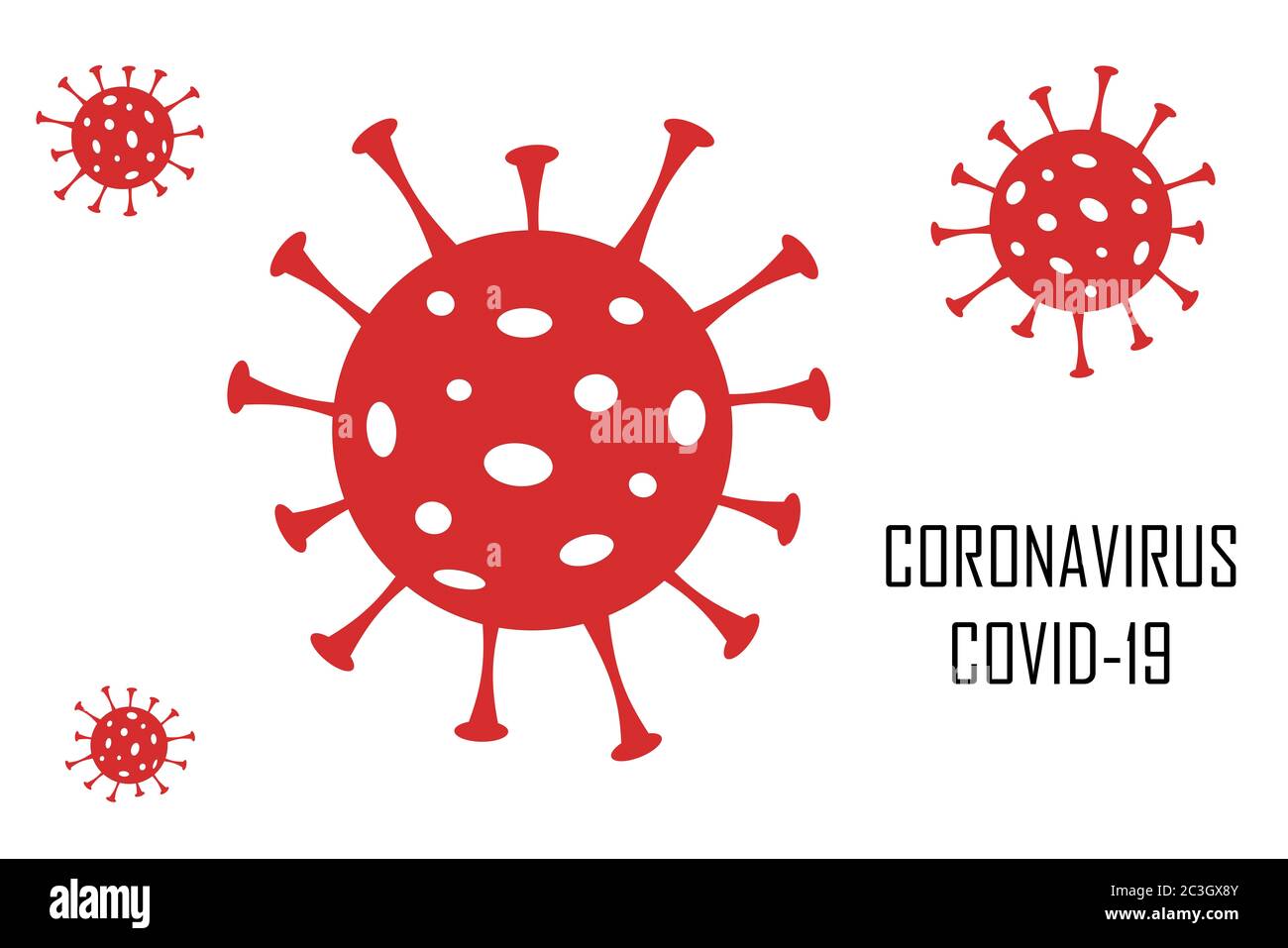 Illustration mit dem Design und der Form eines Virus in rot und dem Text Covid-19, Coronavirus, mit weißem Hintergrund. Stockfoto