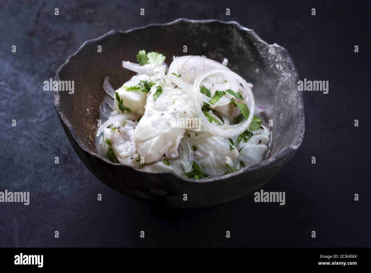 Traditionelle peruanische Gourmet-Ceviche sehen Sie Bass-Filetstück mit Zwiebelringen und Koriander in Limettensaft als Nahaufnahme in einer modernen de Stockfoto