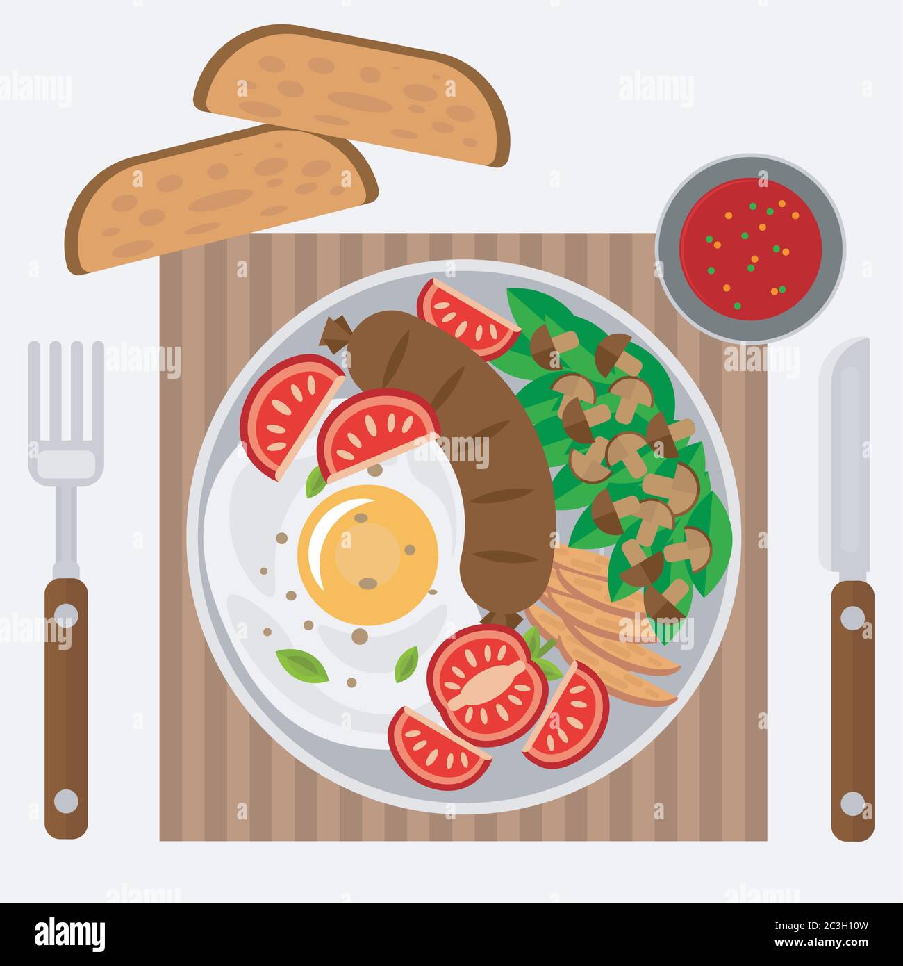 Rührei mit Wurst, Gemüse und Pilzen. Vektor-Illustration zum Thema Lebensmittel, Draufsicht. Stock Vektor