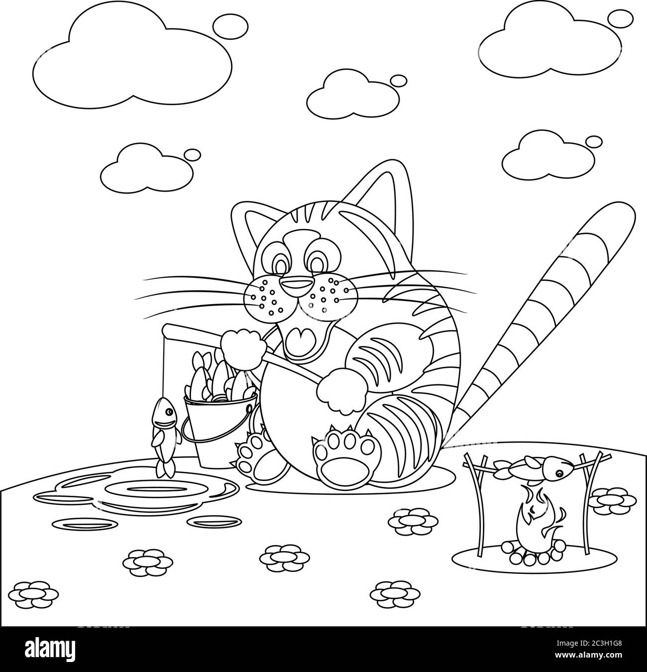 Malbuch Katze fängt Fische für Erwachsene und Kinder. Vektor schwarz-weiß Illustration. Stock Vektor