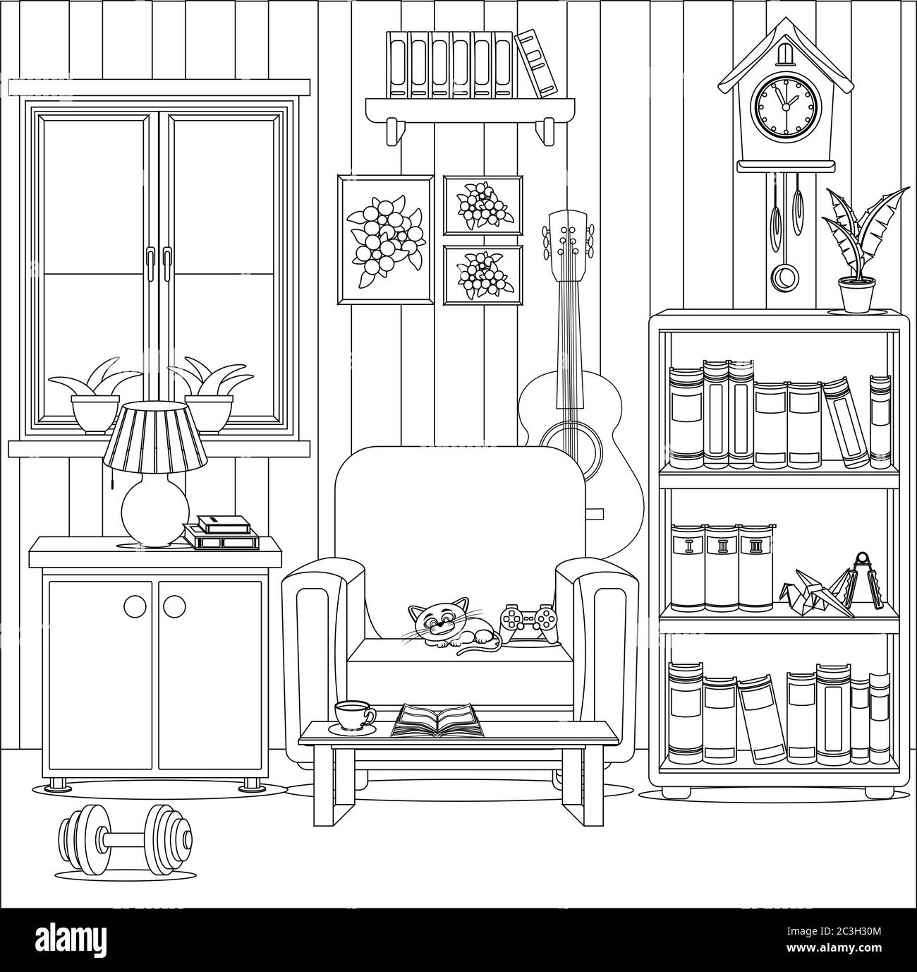 Malbuch für Erwachsene und Kinder zum Thema Interieur und Komfort zu Hause. Ein Zimmer mit Möbeln und Haushaltsgegenständen. Stock Vektor