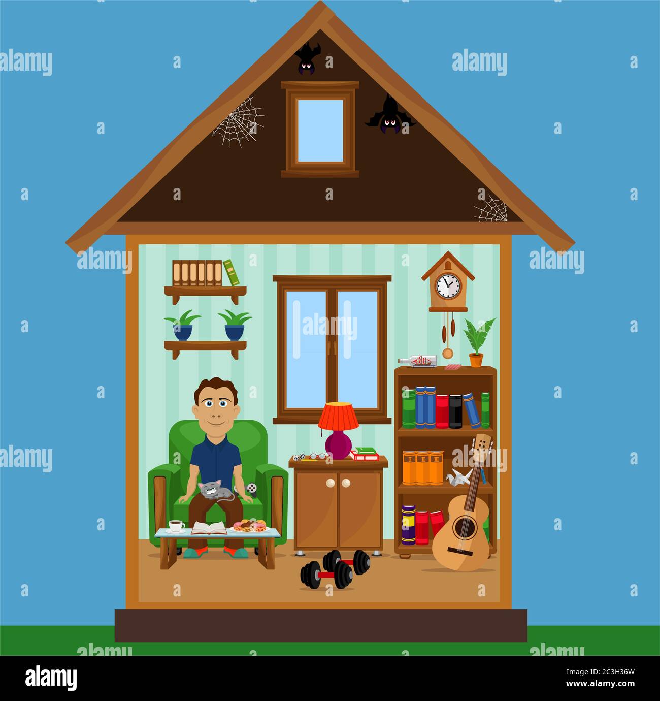 Eine Person sitzt zu Hause in einem gemütlichen Raum. Vektordarstellung zum Thema Home Entertainment. Bleib zu Hause. Stock Vektor