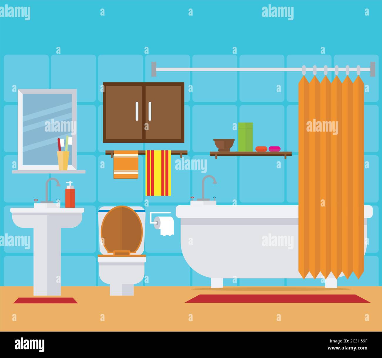 Badezimmer mit Kleiderschrank, WC, Spiegel, Kleiderschrank und Waschbecken. Vektorgrafik zum Thema Interieur. Stock Vektor