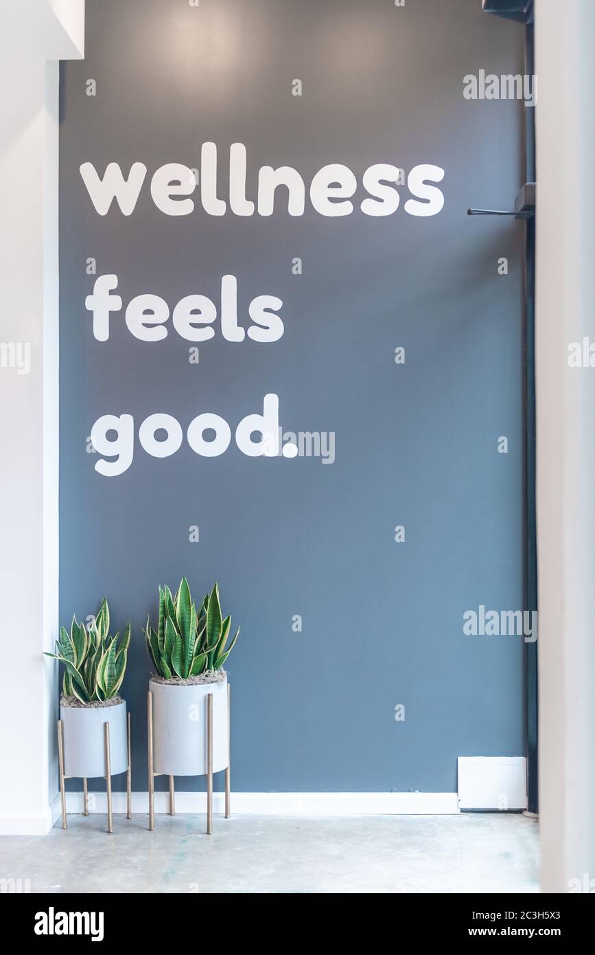 Vertikale Aufnahme von weißem Text auf der grauen Wand geschrieben „Wellness fühlt sich gut an“ unter dem Licht Stockfoto