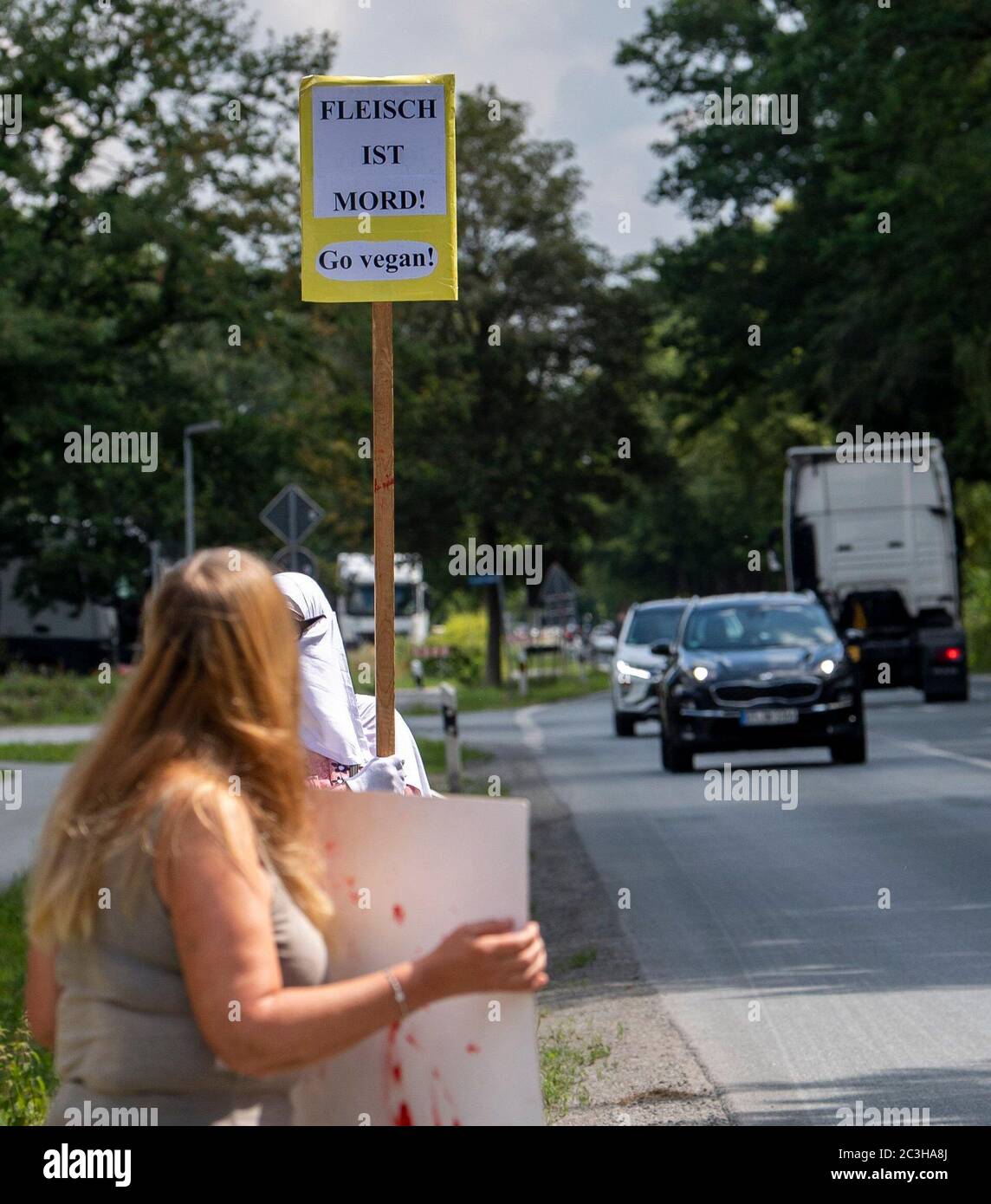 20. Juni 2020, Nordrhein-Westfalen, Rheda-Wiedenbrück: Tierschutzaktivisten demonstrieren vor dem Firmengelände der Firma Tönnies. Sie halten ein Schild mit der Aufschrift "Essen ist Mord. Gehen Sie vegan!' Den Fahrern gegenüber. Tönnies muss bis auf weiteres sein Hauptproduktionswerk in Rheda-Wiedenbrück in Westfalen schließen. Mehrere hundert Mitarbeiter des Werks waren mit Covid-19 infiziert. Foto: David Inderlied/dpa Stockfoto