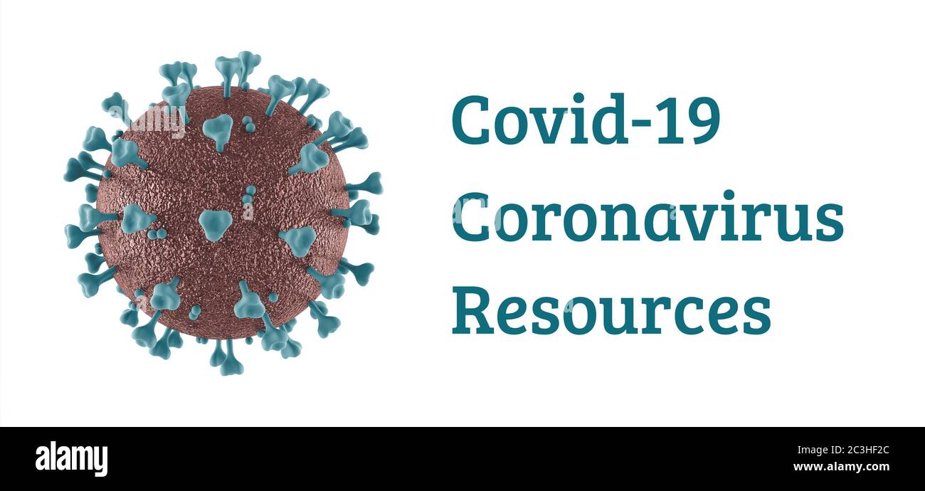 Banner mit der Aufschrift Covid-19 Coronavirus Resources und dem Molekül 2019-NCoV auf weißem Hintergrund. 3D-Rendering, 3D-Illustration Stockfoto