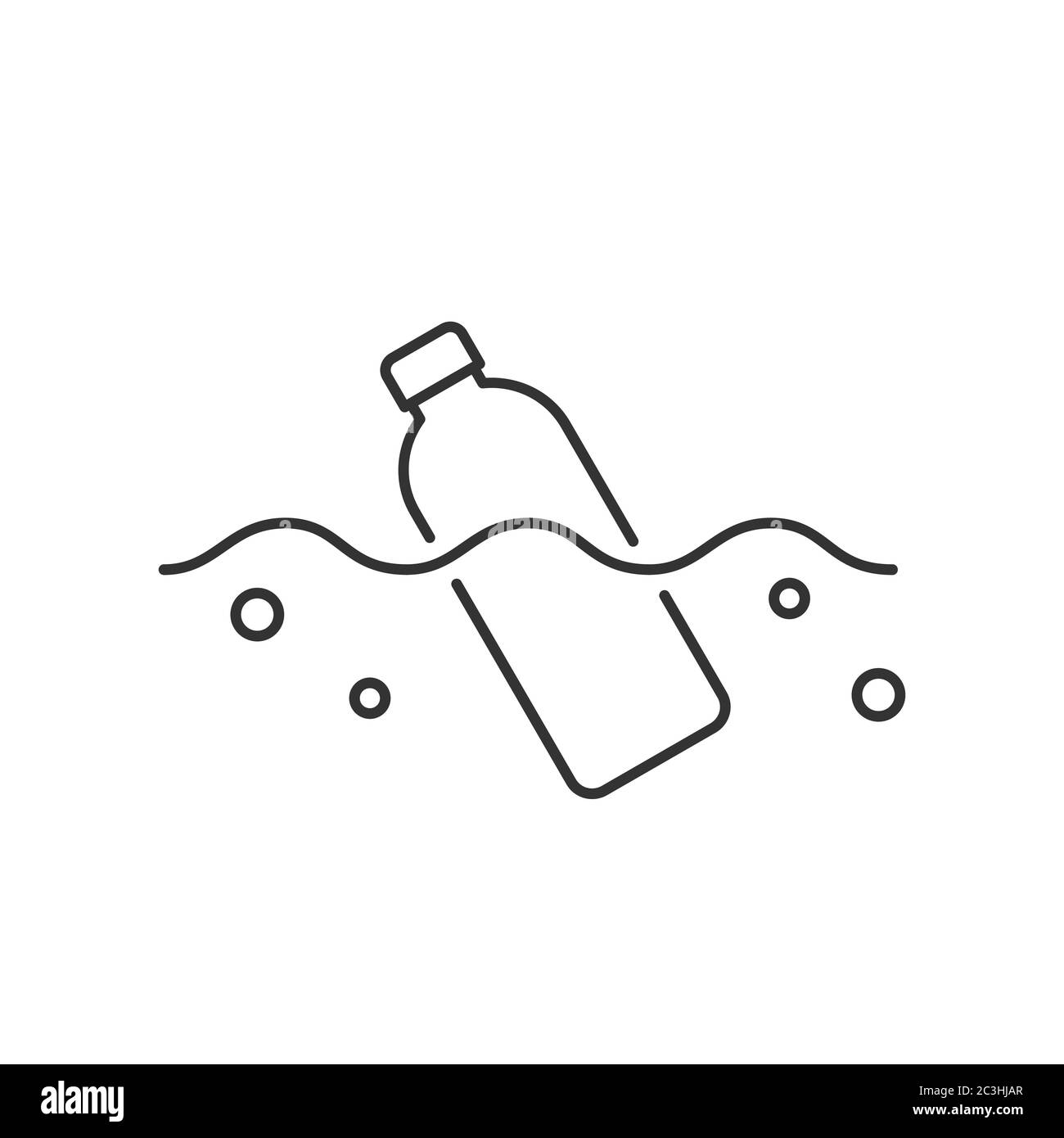 Flasche schwimmt in einem Ozean oder einem Fluss. Konzept der Kunststoffverschmutzung. Umweltproblem, Mikroplastik im Wasser. Symbol für dünne Linien. Schwarzer Umriss auf Weiß Stock Vektor