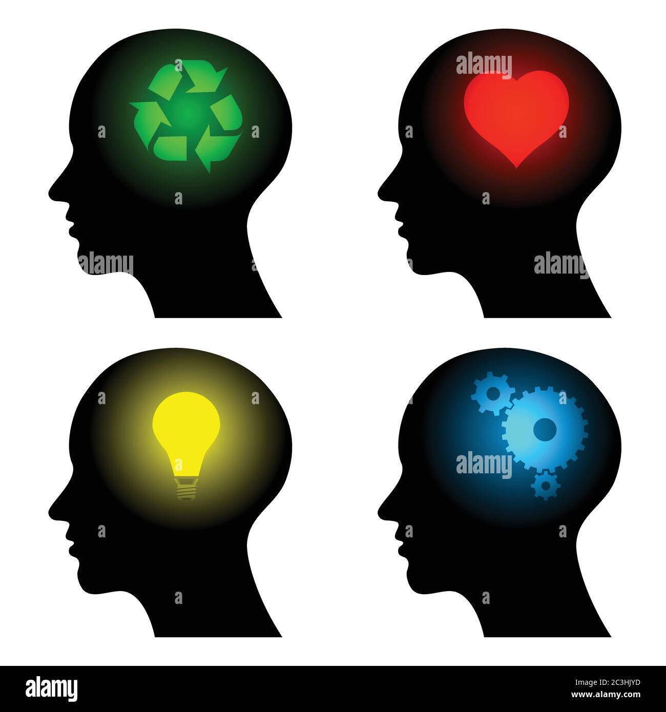 Kopf-Symbole mit Ideensymbolen, Vektorgrafik Stock Vektor