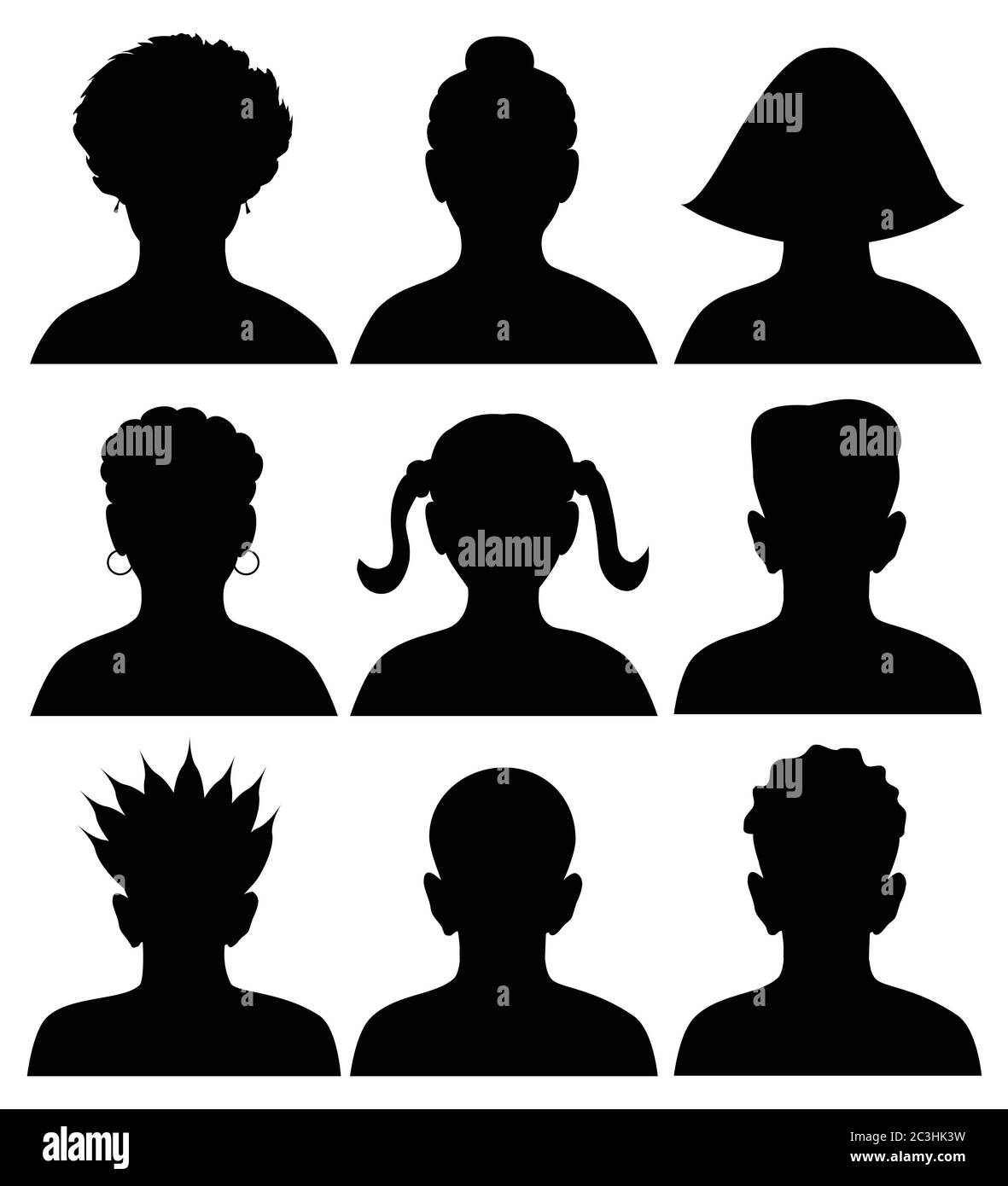 Set von 9 Silhouetten von Köpfen, anonyme Mugshot, Vektor-Illustration Stock Vektor