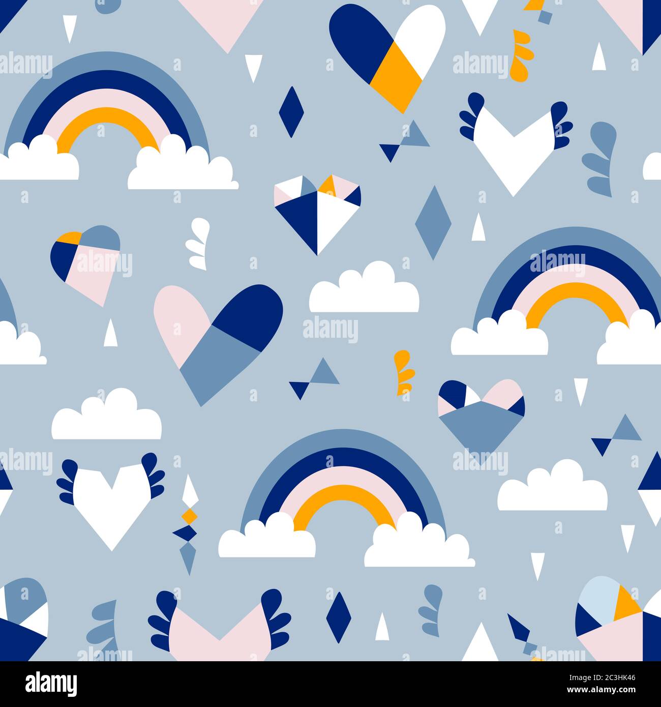 Nahtloses Muster mit handgezeichneten Regenbögen, Herzen und Wolken. Kreative Textur für Stoff, Verpackung, Textil, Tapete, Bekleidung. Vektorgrafik Stock Vektor