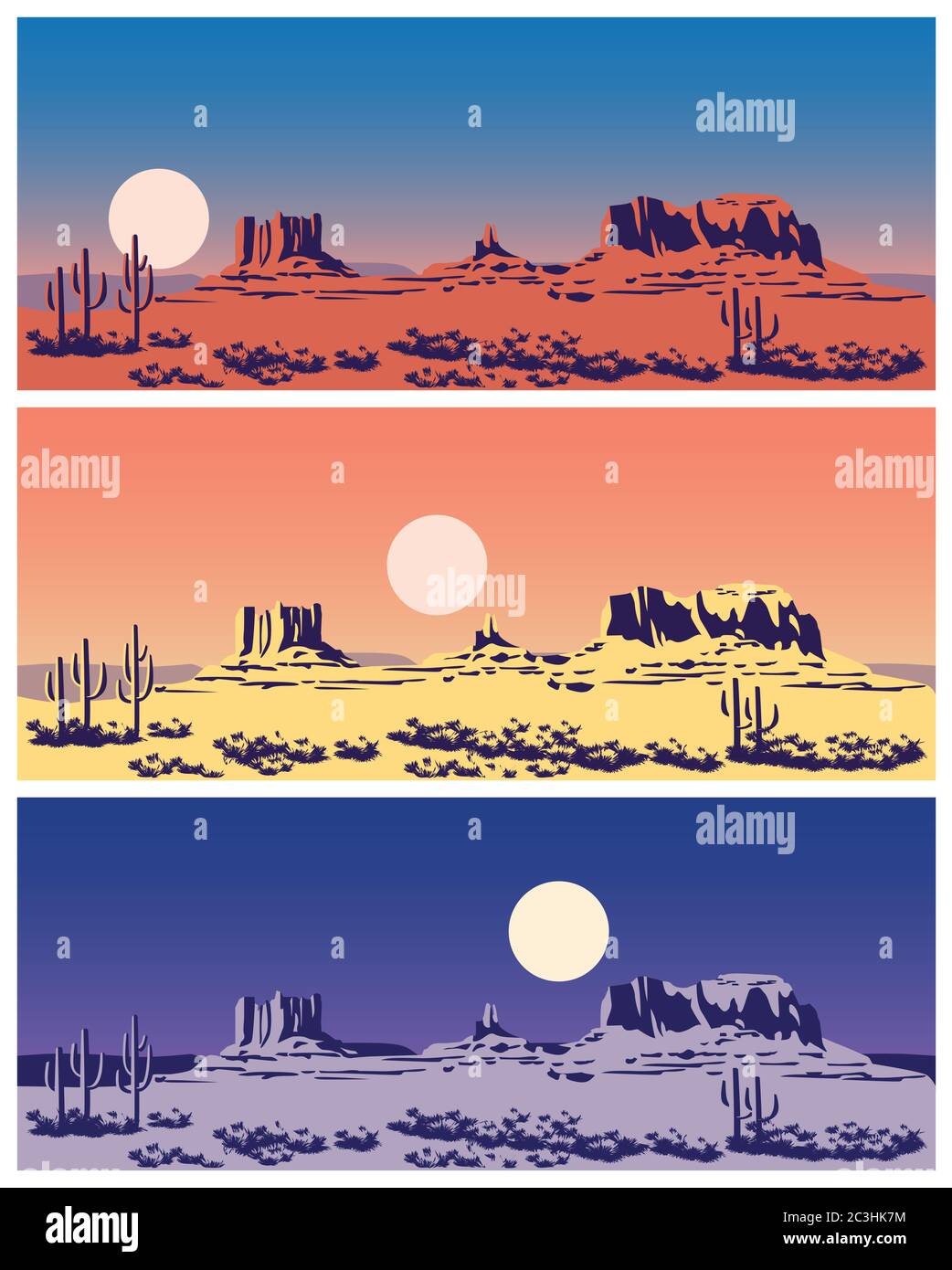 Stilisierte Vektorgrafik zum Thema Wilder Westen, der große Canyon, Berge und Wüsten. Nahtlos horizontal, wenn nötig Stock Vektor