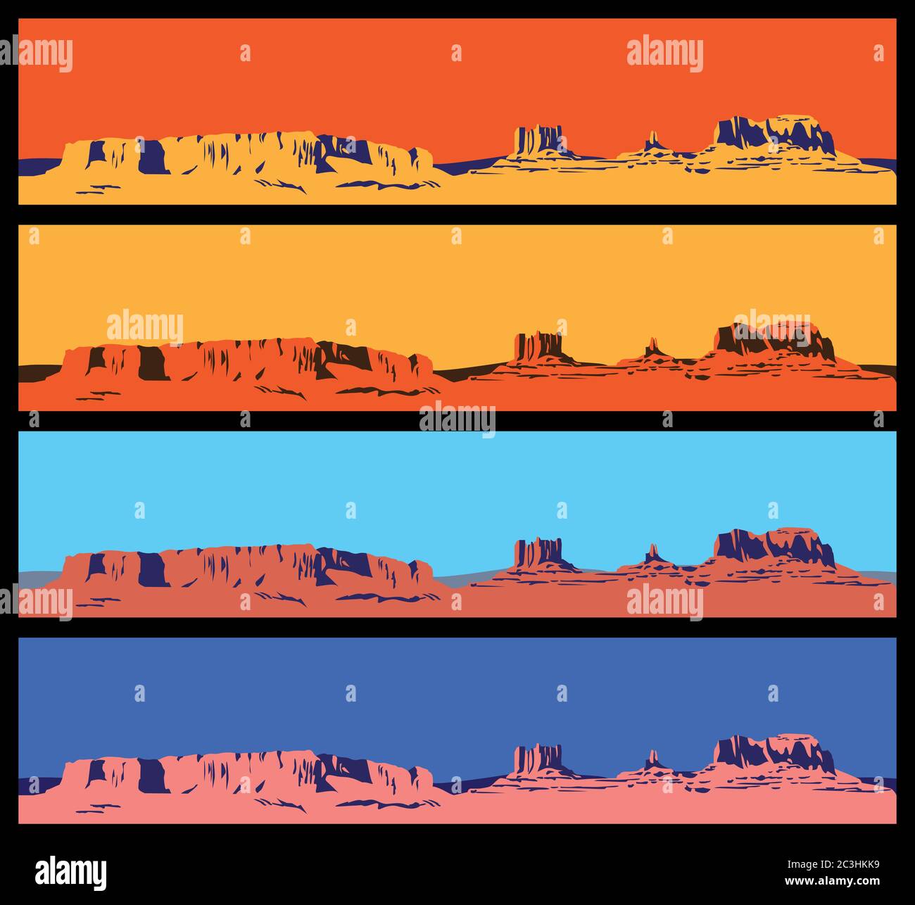 Stilisierte Vektorgrafik zum Thema Wilder Westen, der große Canyon, Berge und Wüsten. Nahtlos horizontal, wenn nötig Stock Vektor