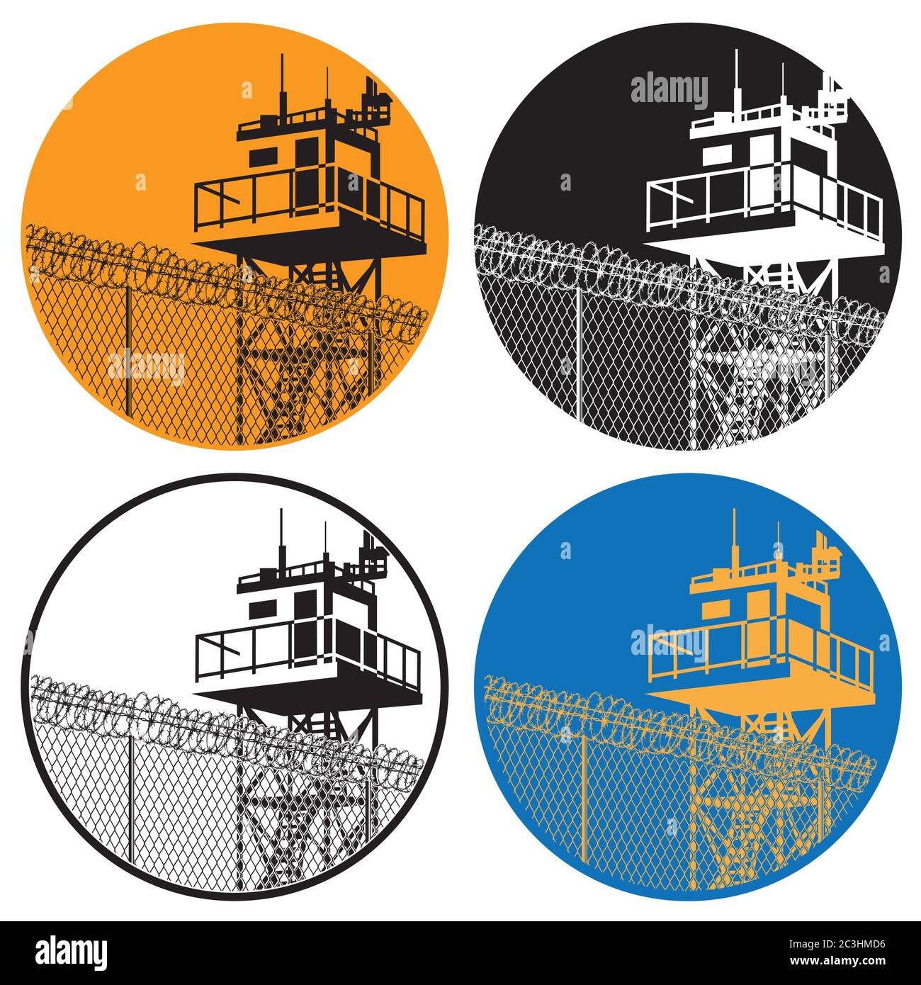 Stilisierte Vektordarstellung eines Wachturms mit hohen Zäunen und Stacheldraht Stock Vektor