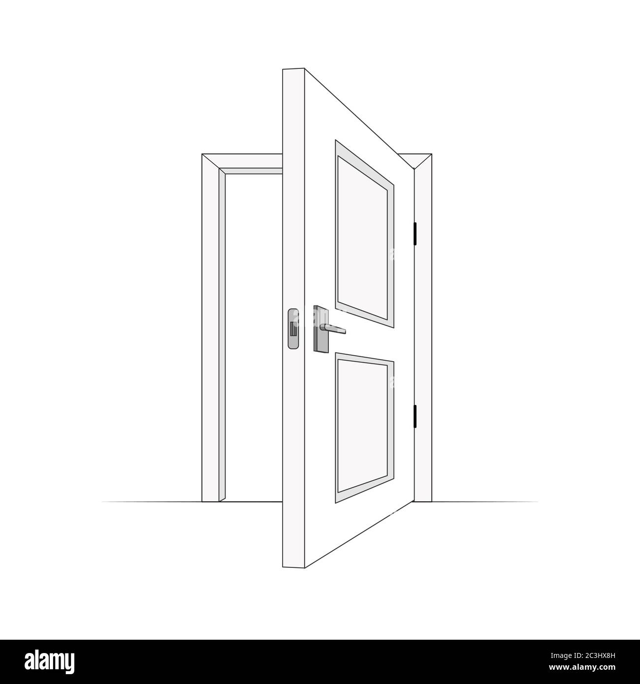Offene Tür. vektor einfache Linie Cartoon. Isolierte Grafik. Offene Holztür im Inneren Stock Vektor