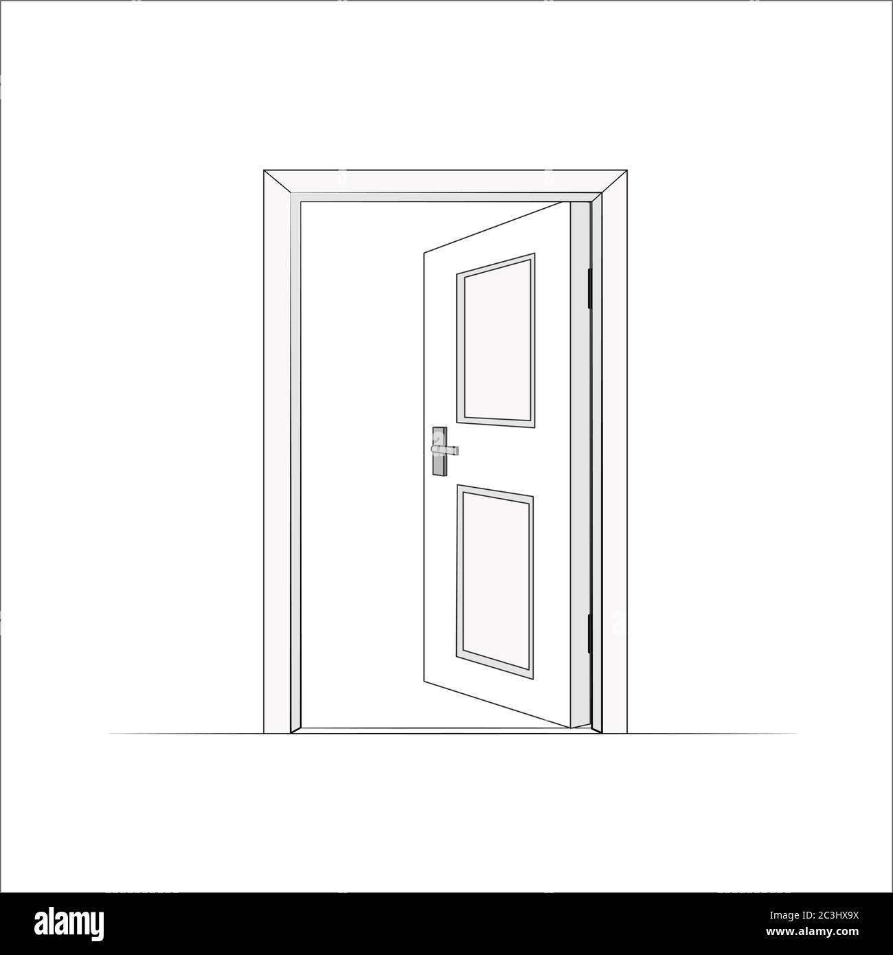 Offene Tür. vektor einfache Linie Cartoon. Isolierte Grafik. Offene Holztür im Inneren Stock Vektor