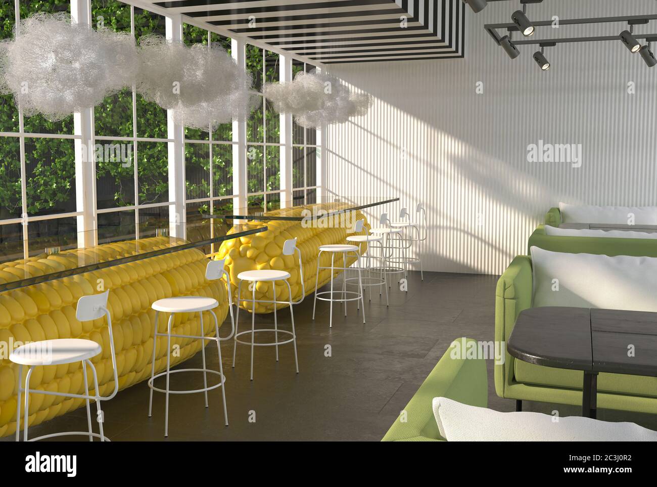 Das Innere des Restaurantsaals mit riesigen Maiskolben statt Tischen. Moderne kreative unerwartete Inneneinrichtung. 3D-Rendering Stockfoto