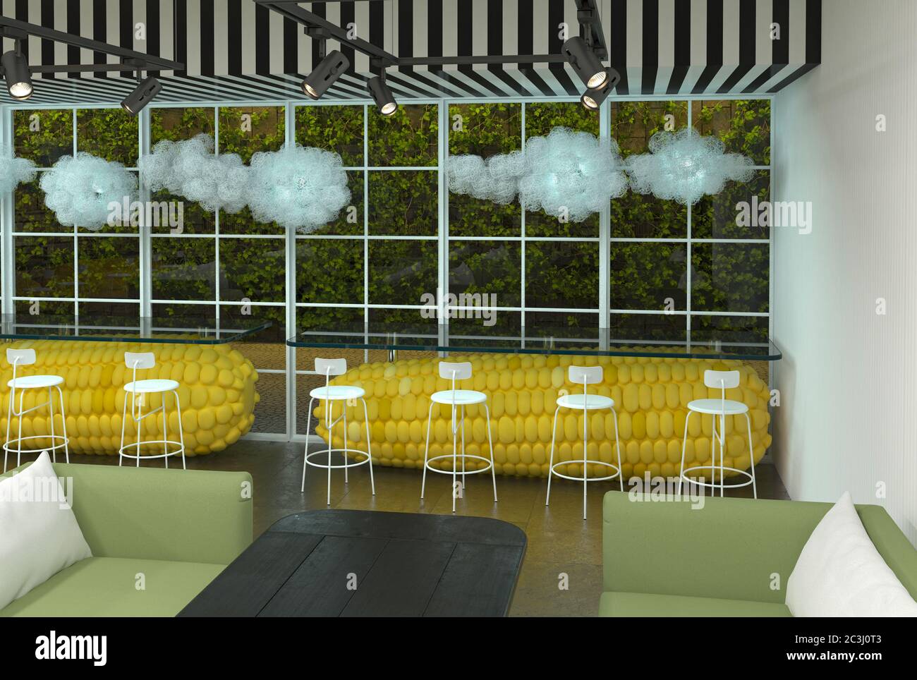 Das Innere des Restaurants, Cafés oder Food Court Halle mit riesigen Maiskolben statt Tische. Moderne kreative unerwartete Inneneinrichtung. 3D-Renderin Stockfoto