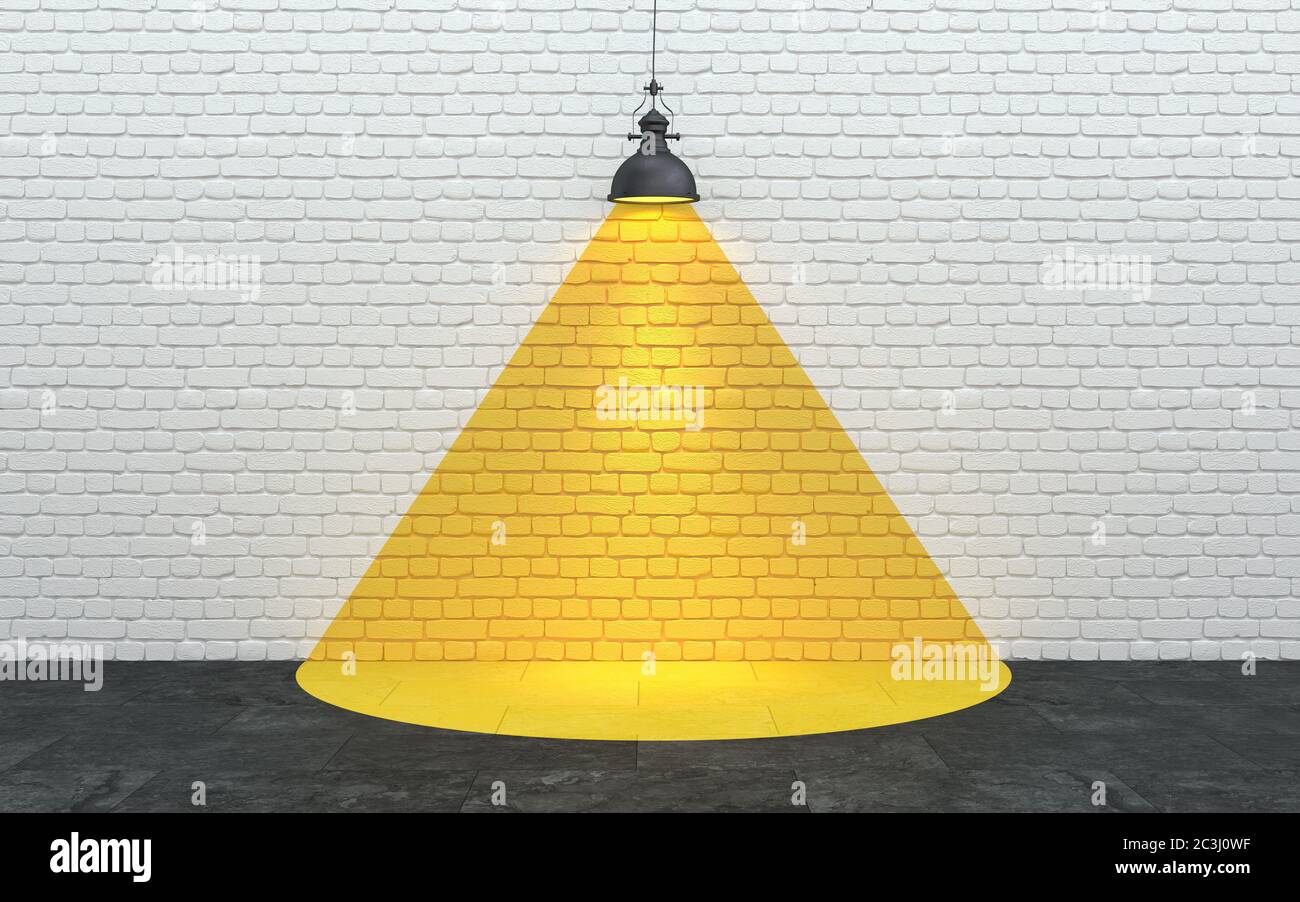Weiße Ziegelwand mit einem gezogenen gelben Lichtstrahl von einer Lampe. Kreative Einrichtung mit Wanddekor. Optische Täuschung im Design. Konzeptionelle Illus Stockfoto