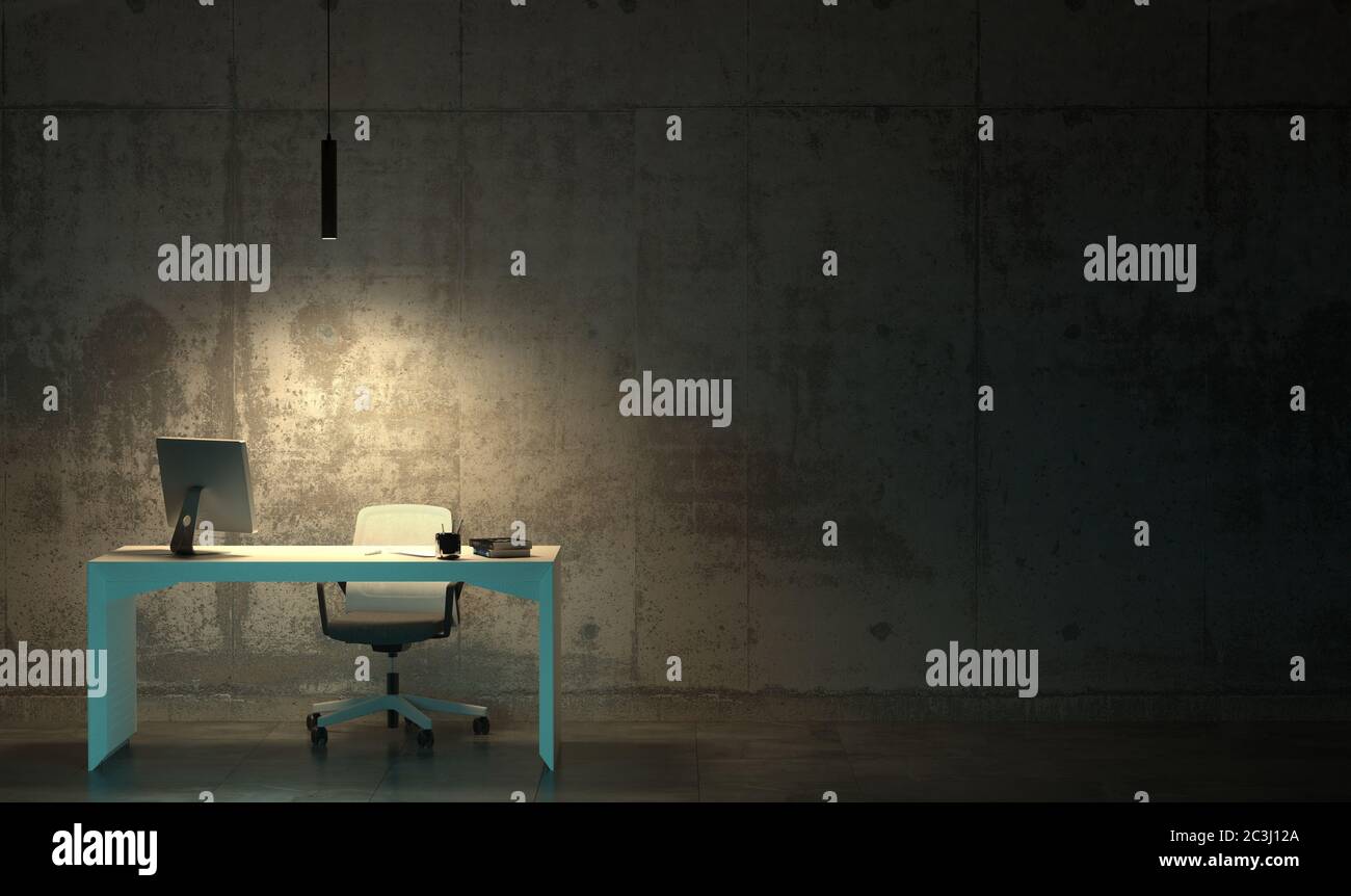 Ein Arbeitsplatz mit einem Schreibtisch und einem Sessel in einem leeren dunklen Raum. Harte hasserfüllte Arbeit spät in der Nacht in der Dämmerung. 3D-Rendering von Interi Stockfoto