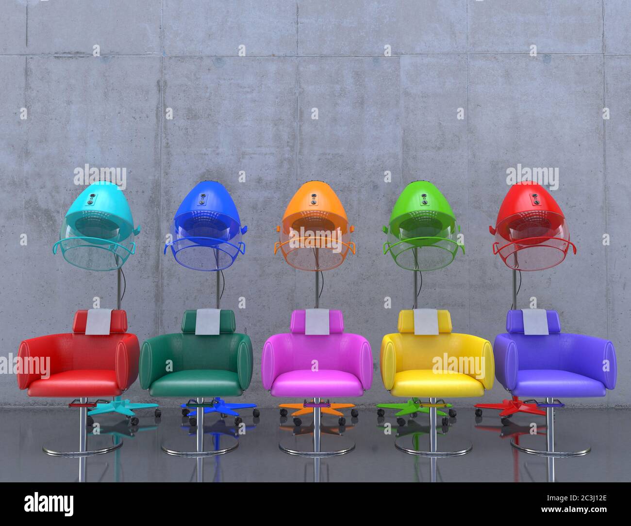 In einem Schönheitssalon befinden sich farbenfrohe Haartrockner mit Sesseln. Barbershop mit mehrfarbigem Zubehör zum Trocknen und Stylen von Haaren. 3D Stockfoto