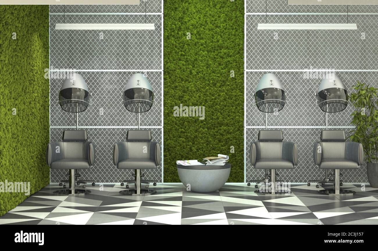 Innenarchitektur-Friseurladen. Schönheitssalon im Loft-Stil mit Moos an den Betonwänden. 3D-Rendering. Stockfoto