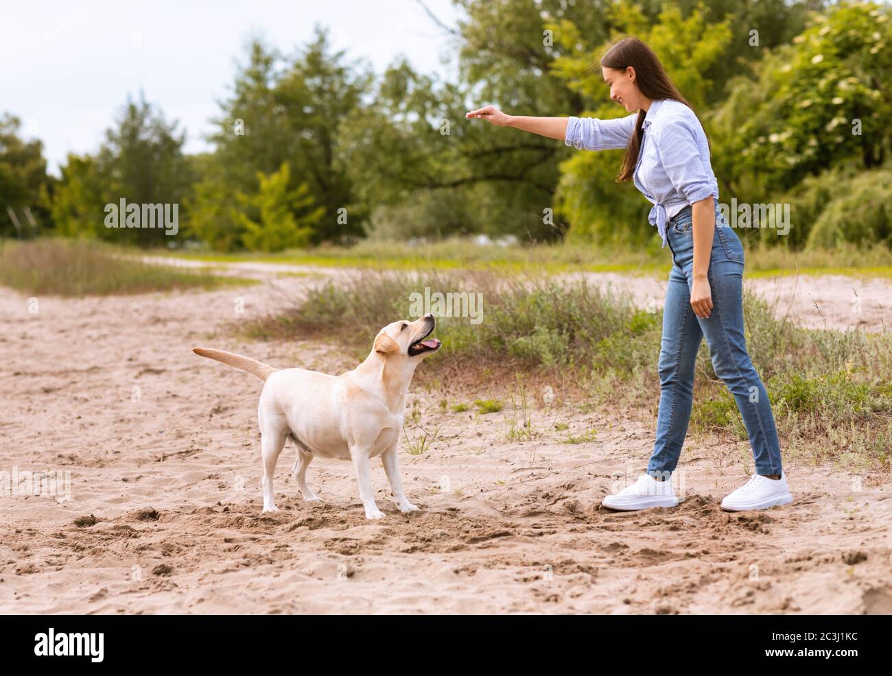 Frau, die ihrem gehorsamen Hund einen Befehl gibt Stockfoto