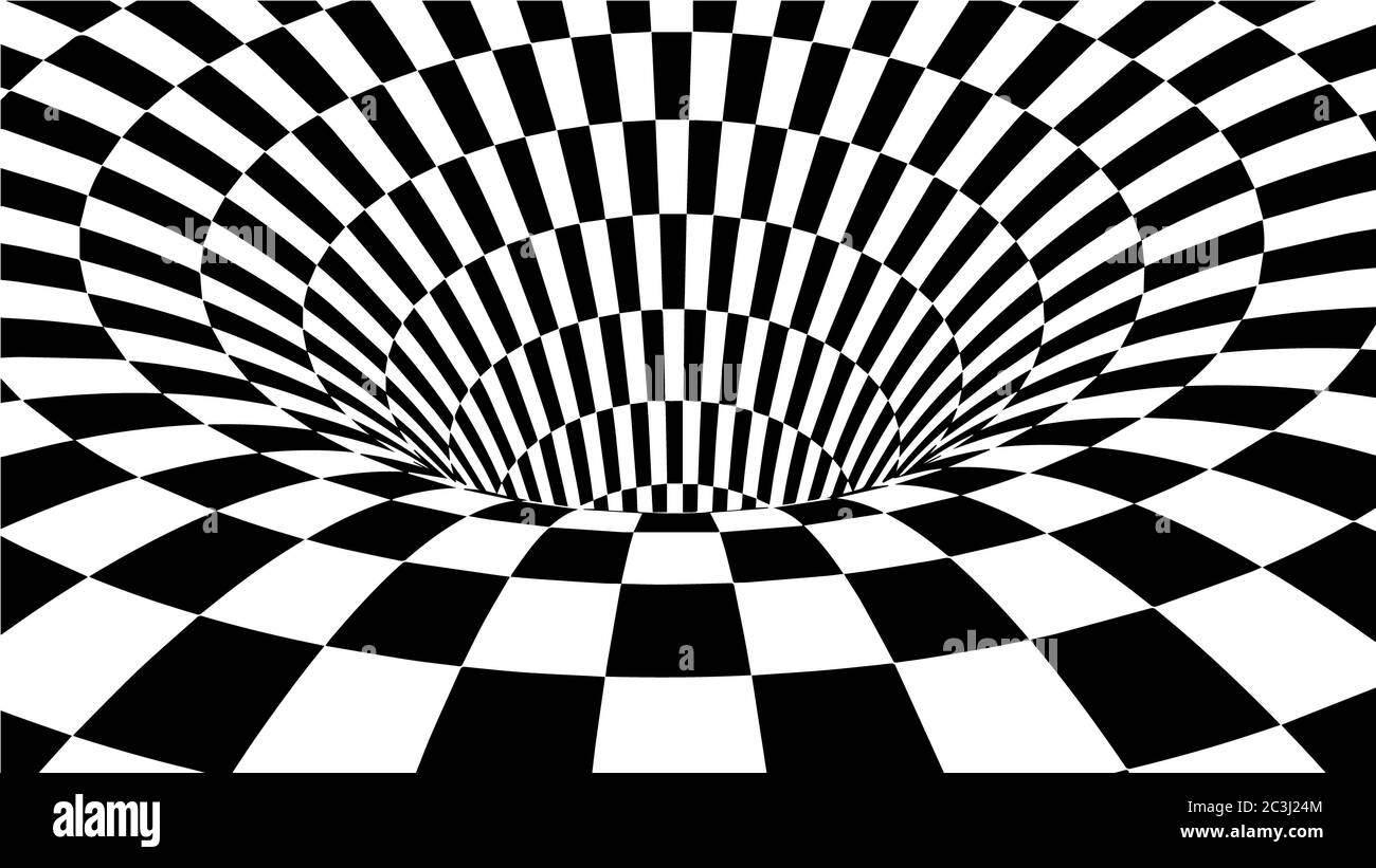 Optische Täuschung . Abstrakter Tunnel. Schwarz und Weiß abstrakter hypnotischer Wurmloch-Tunnel. Stockfoto