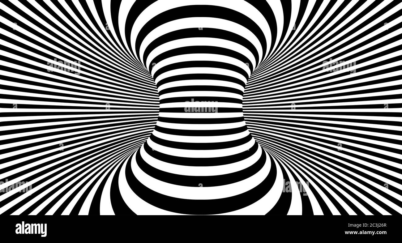 Optische Illusion Linien Hintergrund. Abstrakte 3d-Schwarz-Weiß-Illusionen. Konzeptionelle Gestaltung der optischen Illusion .10 Illustration Stockfoto