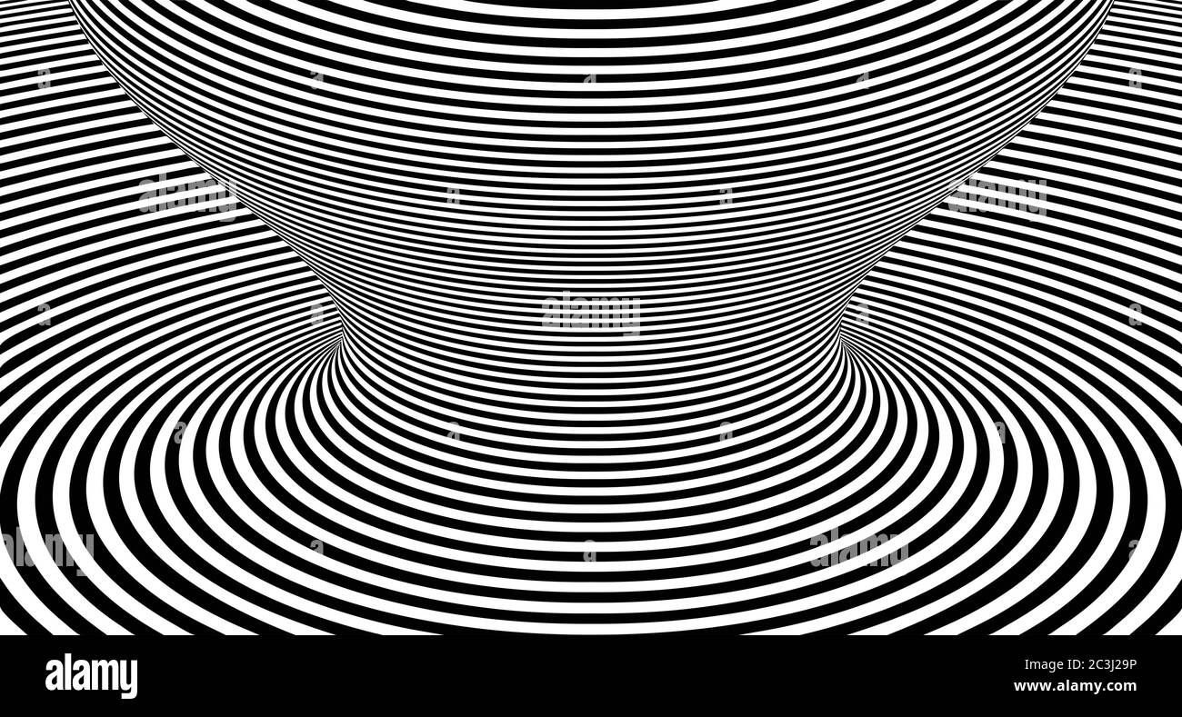 Optische Illusion Linien Hintergrund. Abstrakte 3d-Schwarz-Weiß-Illusionen. Konzeptionelle Gestaltung der optischen Illusion .10 Illustration Stockfoto