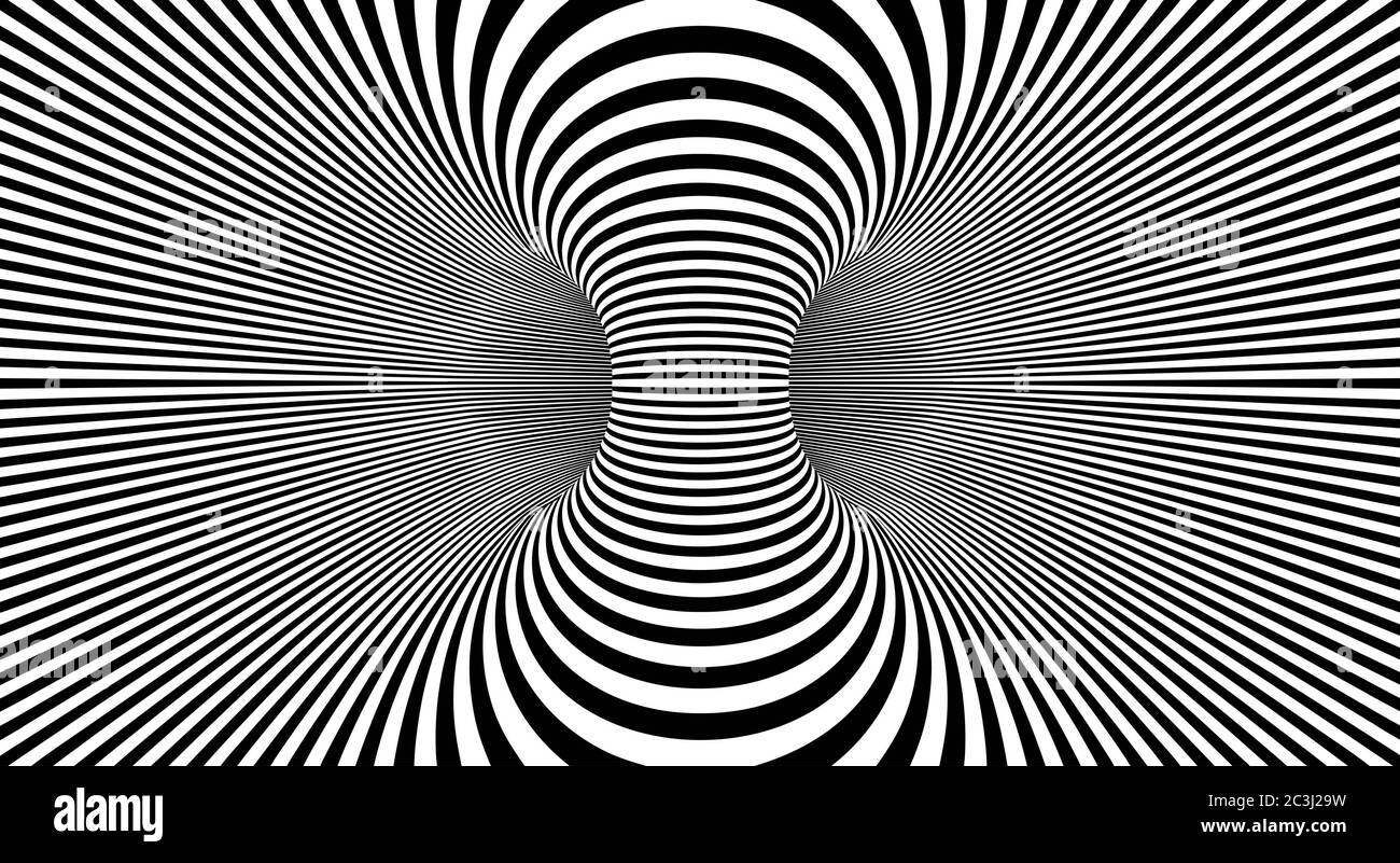 Optische Illusion Linien Hintergrund. Abstrakte 3d-Schwarz-Weiß-Illusionen. Konzeptionelle Gestaltung der optischen Illusion .10 Illustration Stockfoto