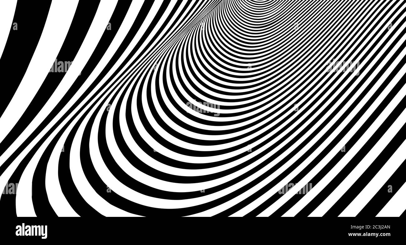 Optische Illusion Linien Hintergrund. Abstrakte 3d-Schwarz-Weiß-Illusionen. Konzeptionelle Gestaltung der optischen Illusion .10 Illustration Stockfoto