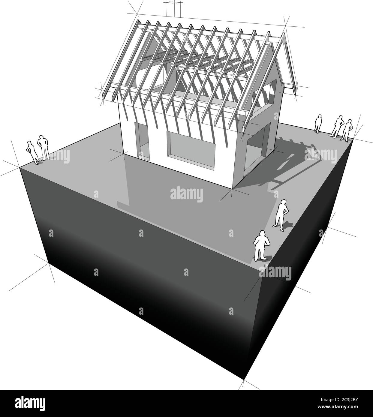 Bau von einfachen Einfamilienhaus mit Holzdach Rahmenkonstruktion Stock Vektor