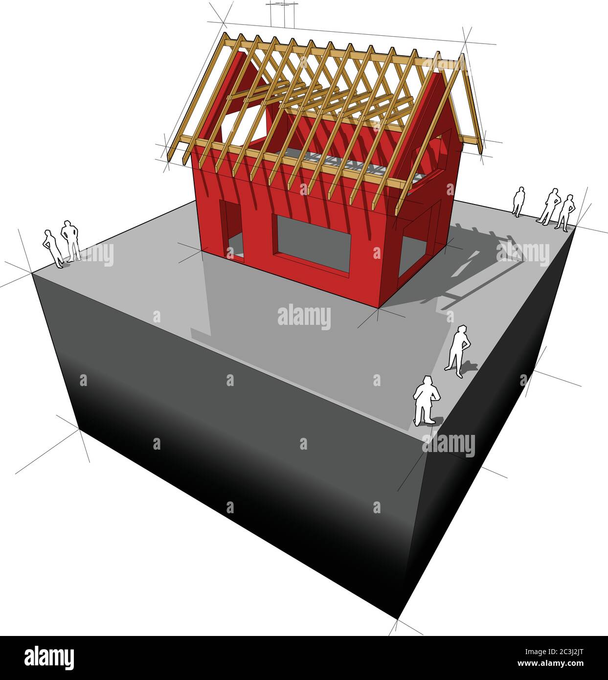 Bau von einfachen Einfamilienhaus mit Holzdach Rahmenkonstruktion Stock Vektor