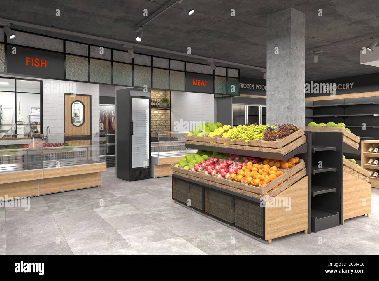 3D-Visualisierung des Innenraums des Lebensmittelladens. Design im Loft-Stil. Stockfoto