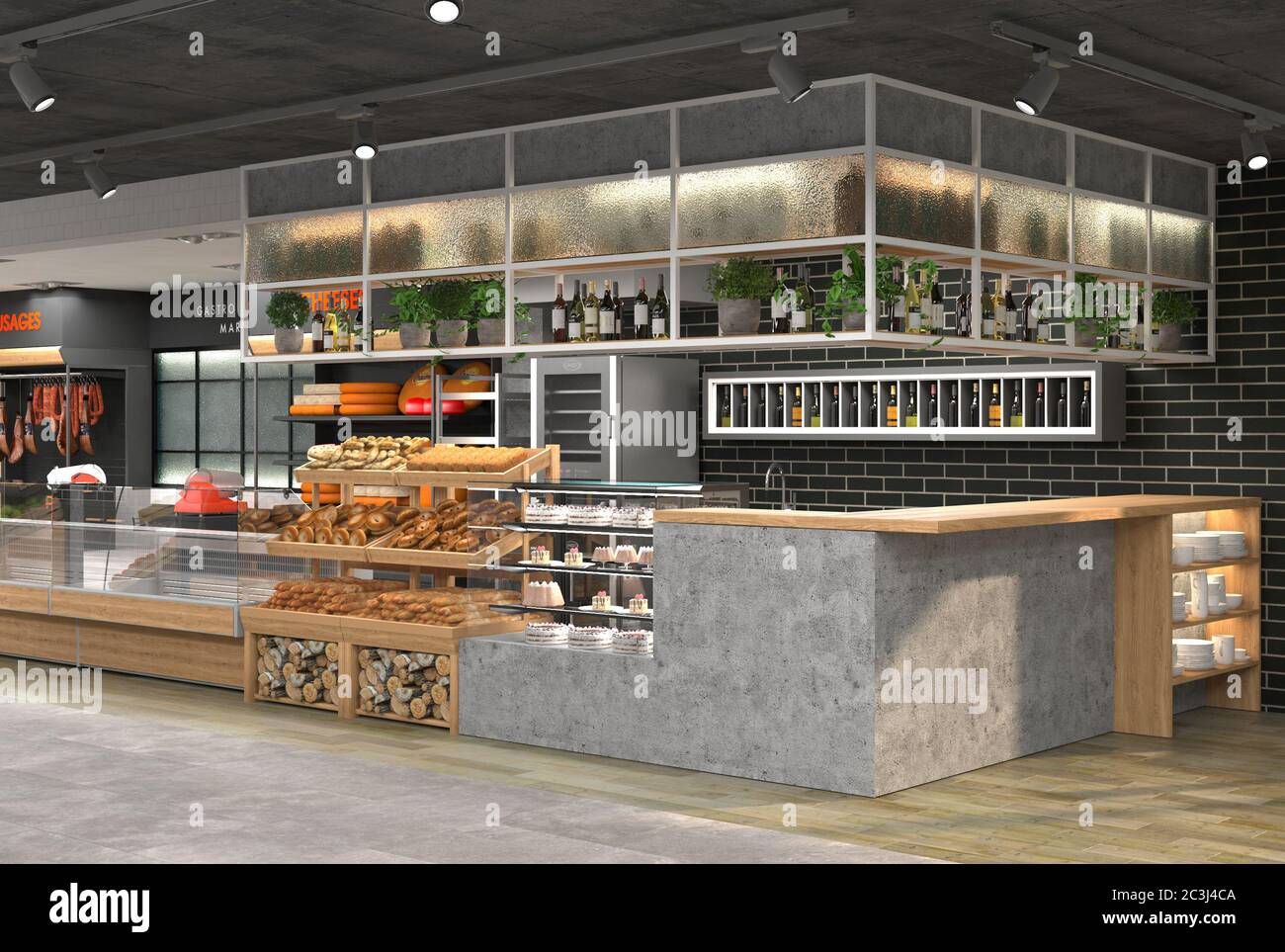 3D-Visualisierung des Innenraums des Lebensmittelladens. Design im Loft-Stil. Stockfoto