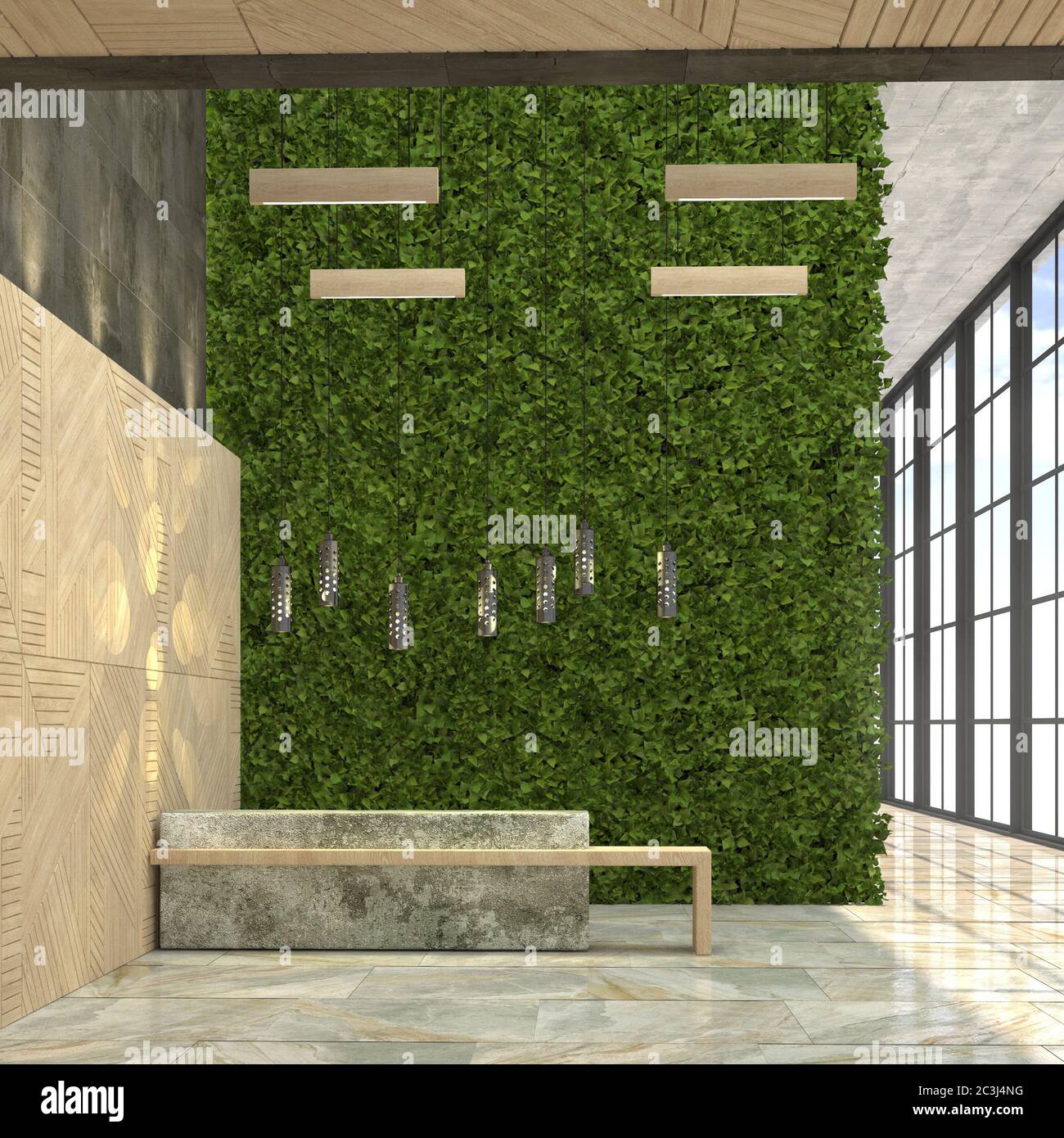 Innenausstattung mit einem Rezeptionstresen im Loft-Stil. 3d-Visualisierung Stockfoto