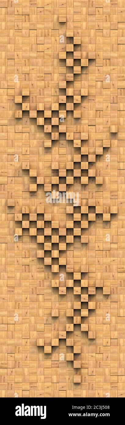 Dekorative Paneele an der Wand der quadratischen Holzbalken. Schachbrettmuster. Abstrakte 3D-Textur oder Hintergrund. Stockfoto